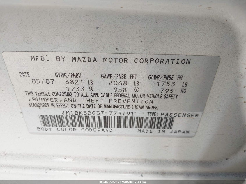 2007 Mazda Mazda3 I VIN: JM1BK32G371773791 Lot: 45677378