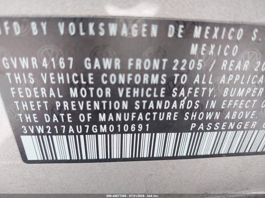 2016 Volkswagen Golf Tsi S 4-Door VIN: 3VW217AU7GM010691 Lot: 45677386