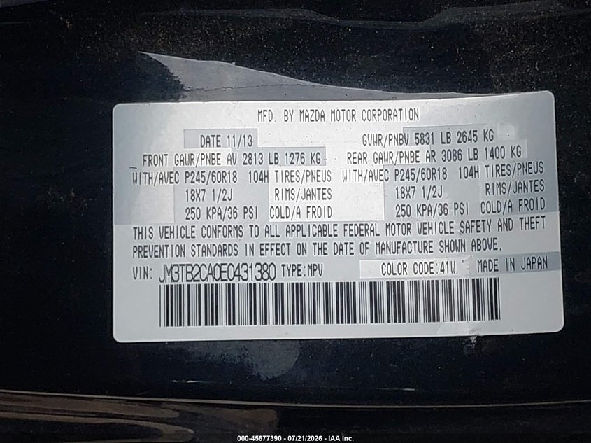 2014 Mazda Cx-9 Touring VIN: JM3TB2CA0E0431380 Lot: 45677390