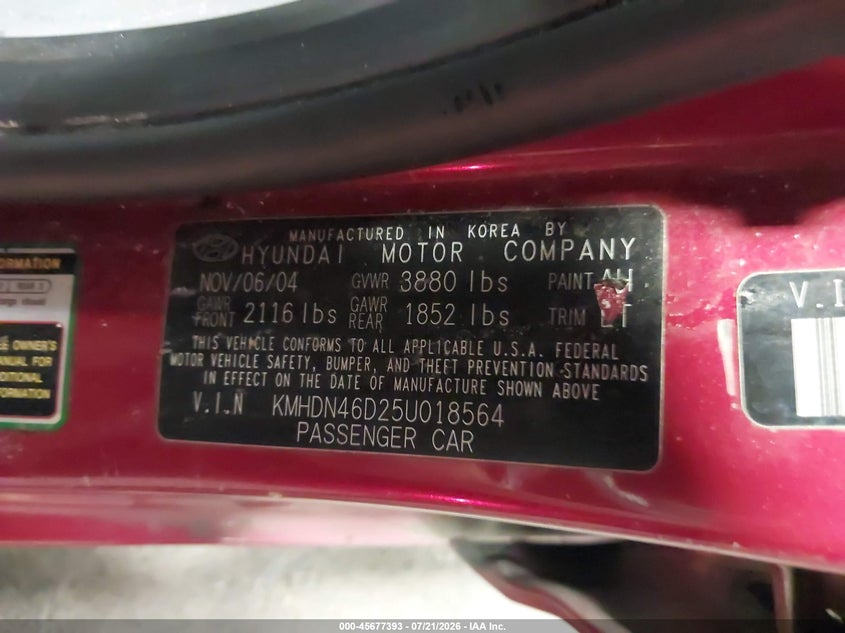 2005 Hyundai Elantra Gls/Gt VIN: KMHDN46D25U018564 Lot: 45677393