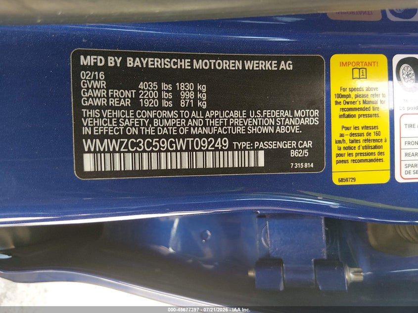 2016 Mini Countryman Cooper S VIN: WMWZC3C59GWT09249 Lot: 45677397