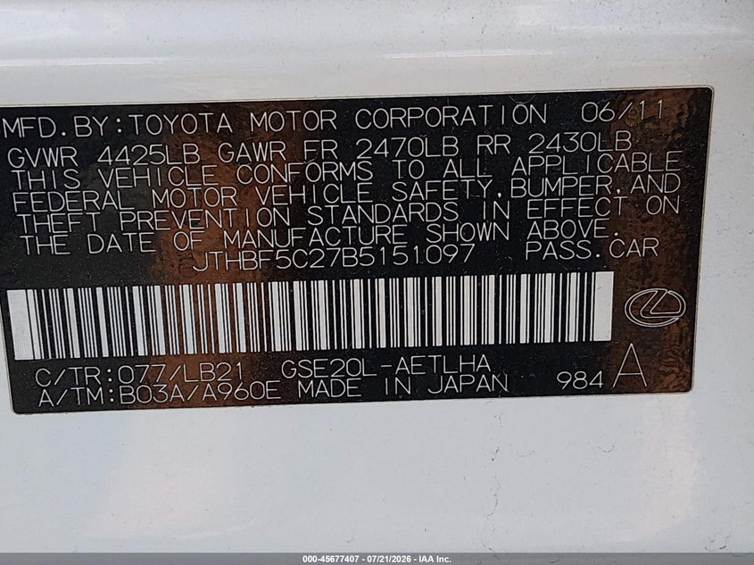 2011 Lexus Is 250 VIN: JTHBF5C27B5151097 Lot: 45677407