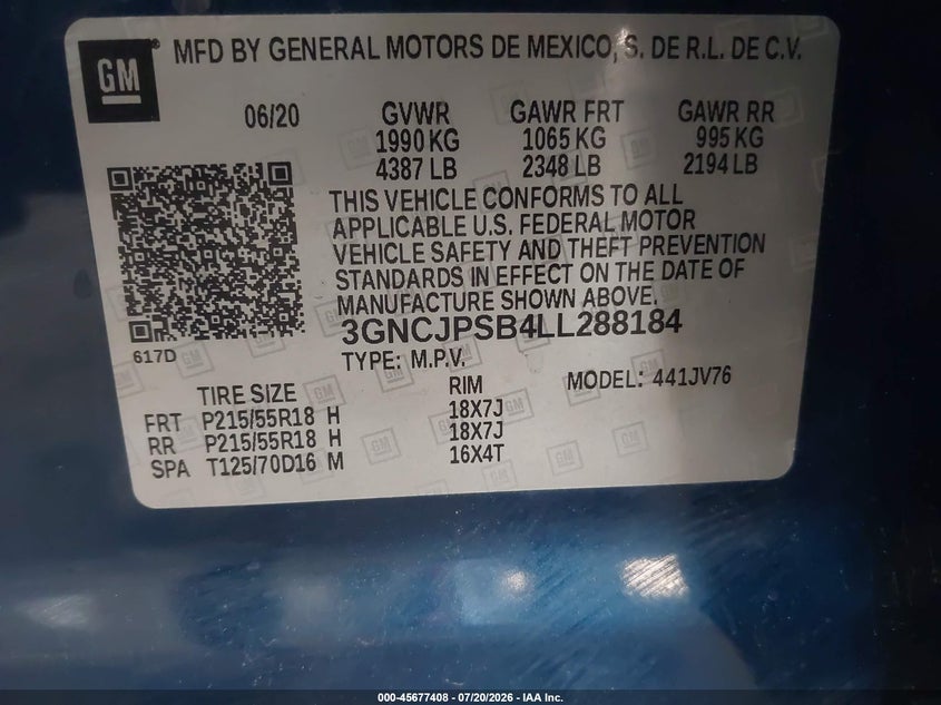 2020 Chevrolet Trax Awd Lt VIN: 3GNCJPSB4LL288184 Lot: 45677408