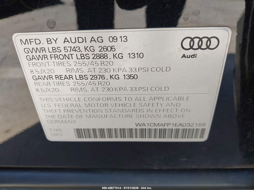 2014 Audi Q5 3.0 Tdi Premium Plus VIN: WA1CMAFP1EA032169 Lot: 45677414