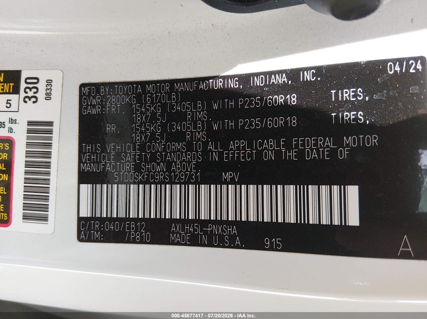 2024 Toyota Sienna Xse VIN: 5TDDSKFC9RS129731 Lot: 45677417
