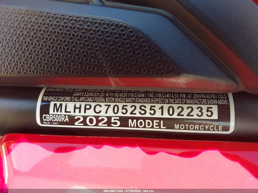2025 Honda Cbr500 Ra VIN: MLHPC7052S5102235 Lot: 45677424