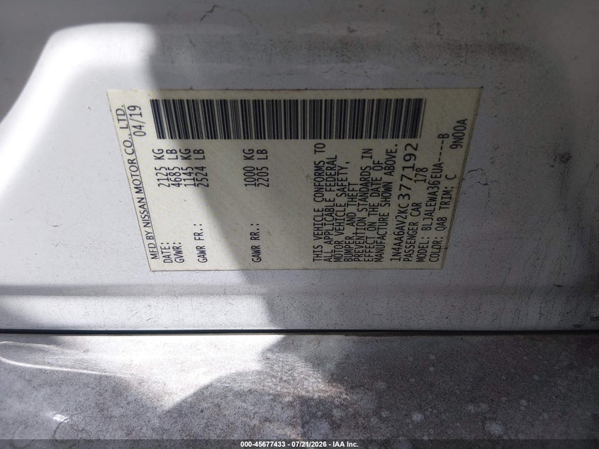 2019 Nissan Maxima 3.5 Sl VIN: 1N4AA6AV2KC377192 Lot: 45677433