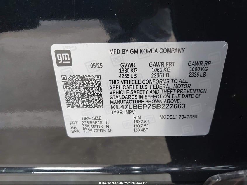 2025 Buick Envista Sport Touring Fwd VIN: KL47LBEP7SB227663 Lot: 45677437