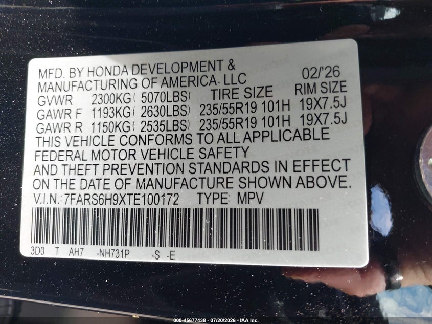 2026 Honda Cr-V Hybrid Awd Sport Touring VIN: 7FARS6H9XTE100172 Lot: 45677438