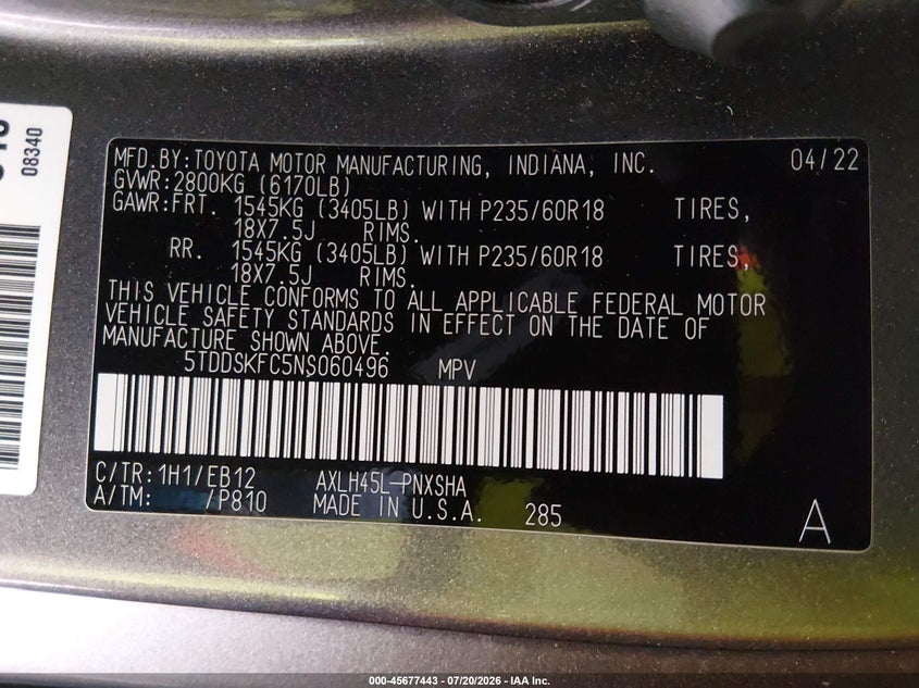 2022 Toyota Sienna Xse VIN: 5TDDSKFC5NS060496 Lot: 45677443