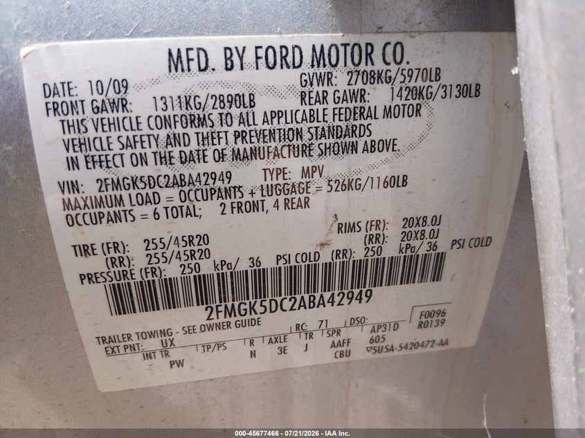 2010 Ford Flex Limited VIN: 2FMGK5DC2ABA42949 Lot: 45677466