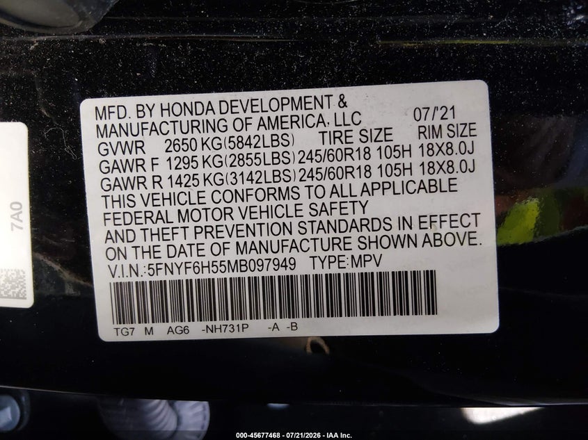 2021 Honda Pilot Awd Ex-L VIN: 5FNYF6H57MN097949 Lot: 45677468