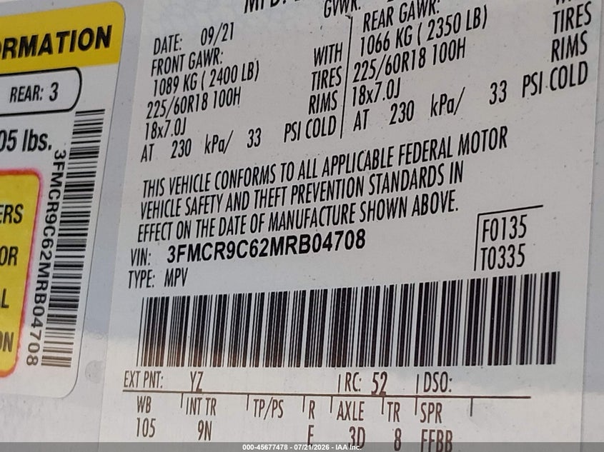 2021 Ford Bronco Sport Outer Banks VIN: 3FMCR9C62MRB04708 Lot: 45677478