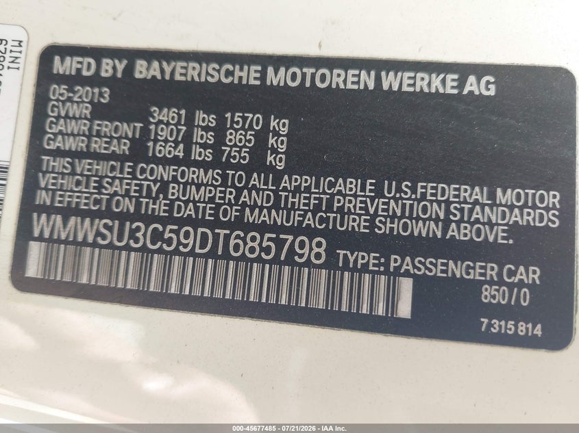 2013 Mini Hardtop Cooper VIN: WMWSU3C59DT685798 Lot: 45677485