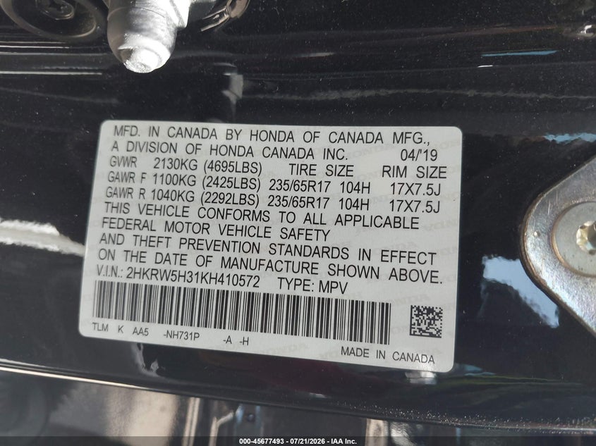 2019 Honda Cr-V Lx VIN: 2HKRW5H31KH410572 Lot: 45677493