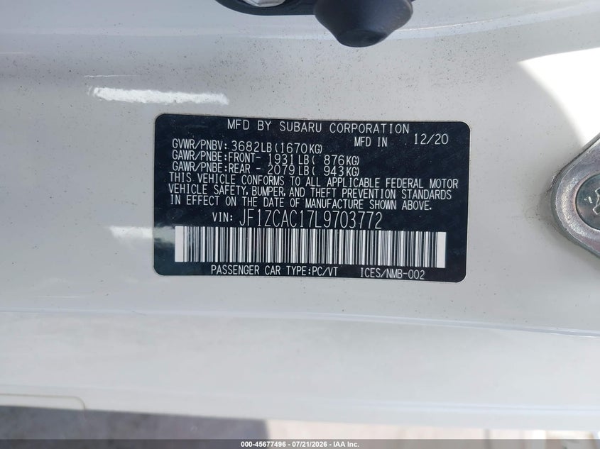 2020 Subaru Brz Limited VIN: JF1ZCAC17L9703772 Lot: 45677496
