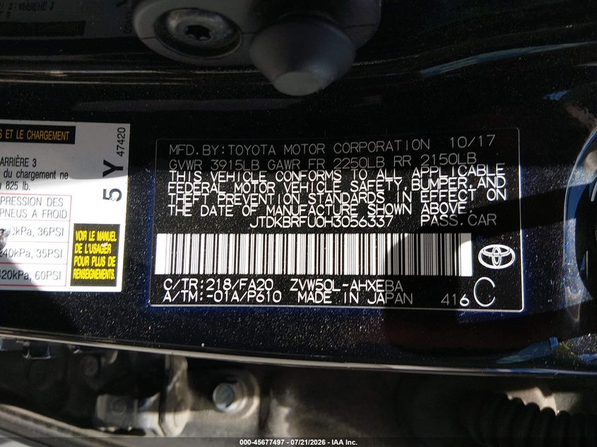 2017 Toyota Prius Two VIN: JTDKBRFU0H3056337 Lot: 45677497