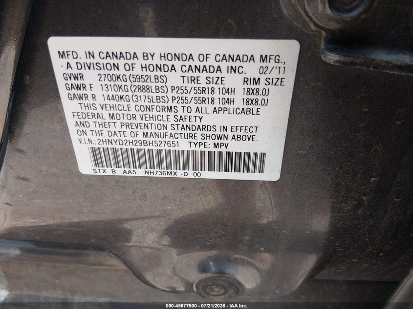 2011 Acura Mdx VIN: 2HNYD2H29BH527651 Lot: 45677500
