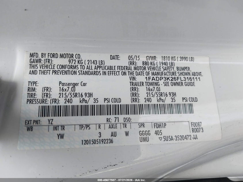 2015 Ford Focus Se VIN: 1FADP3K26FL316111 Lot: 45677507