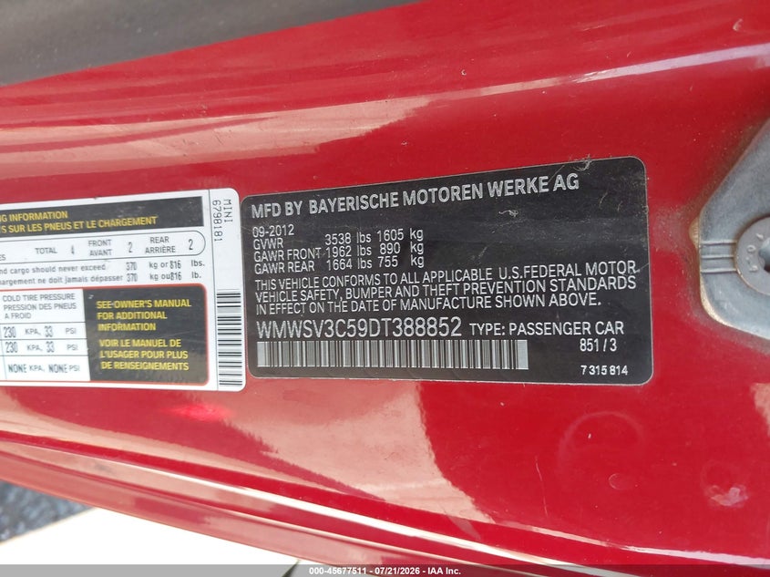 2013 Mini Hardtop Cooper S VIN: WMWSV3C59DT388852 Lot: 45677511