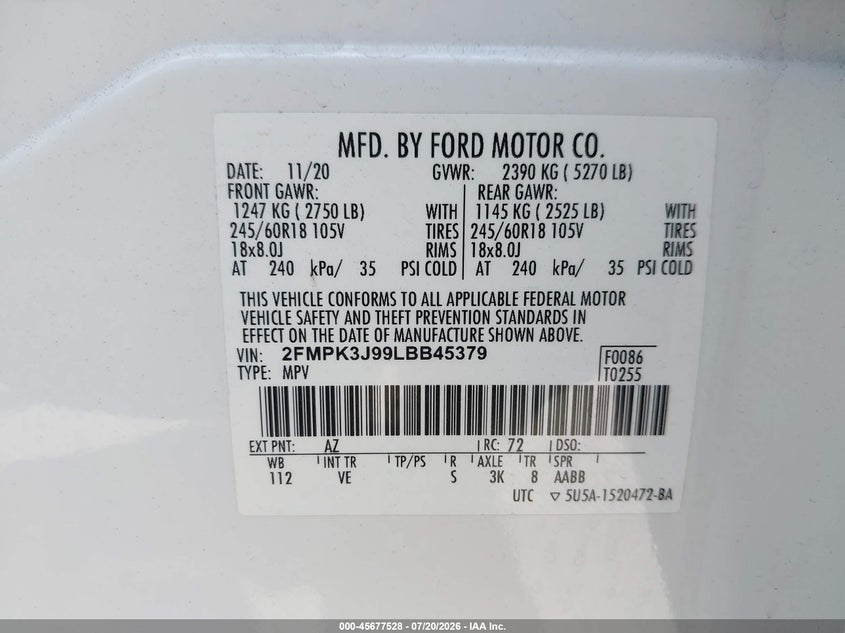 2020 Ford Edge Sel VIN: 2FMPK3J99LBB45379 Lot: 45677528