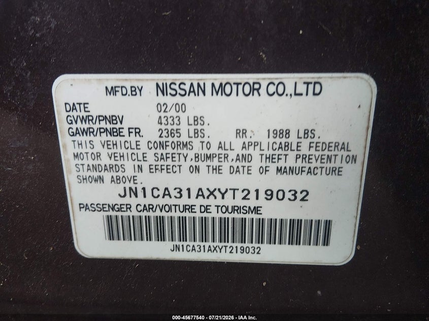 2000 Nissan Maxima Gle/Gxe/Se VIN: JN1CA31AXYT219032 Lot: 45677540