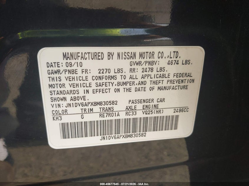 2011 Infiniti G25 Journey VIN: JN1DV6APXBM830582 Lot: 45677545