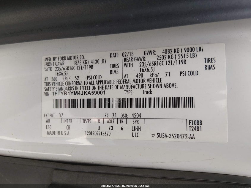 2018 Ford Transit-250 VIN: 1FTYR1YM4JKA59001 Lot: 45677555