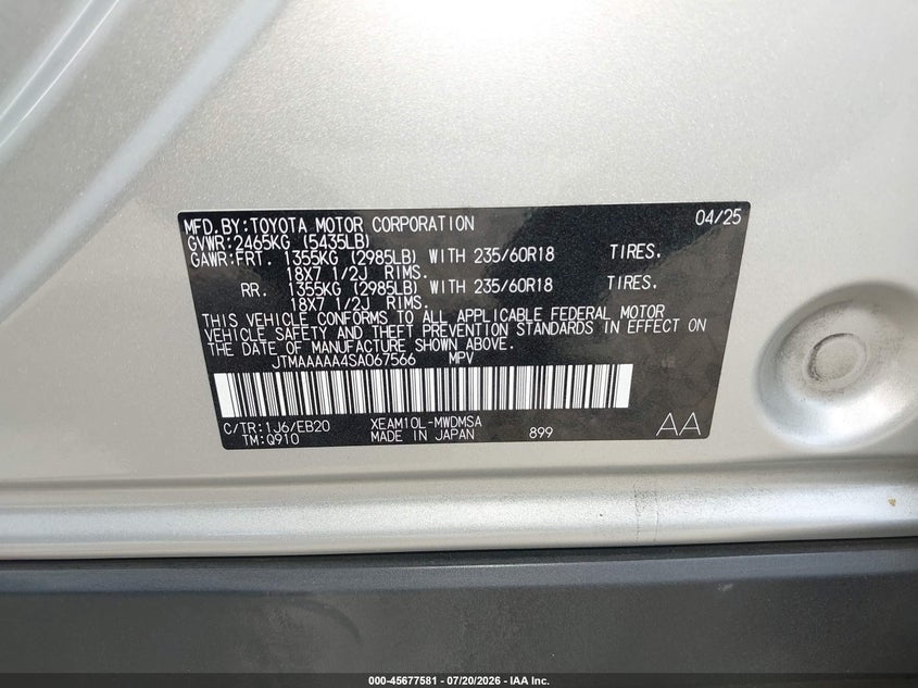 2025 Toyota Bz4X Xle VIN: JTMAAAAA4SA067566 Lot: 45677581