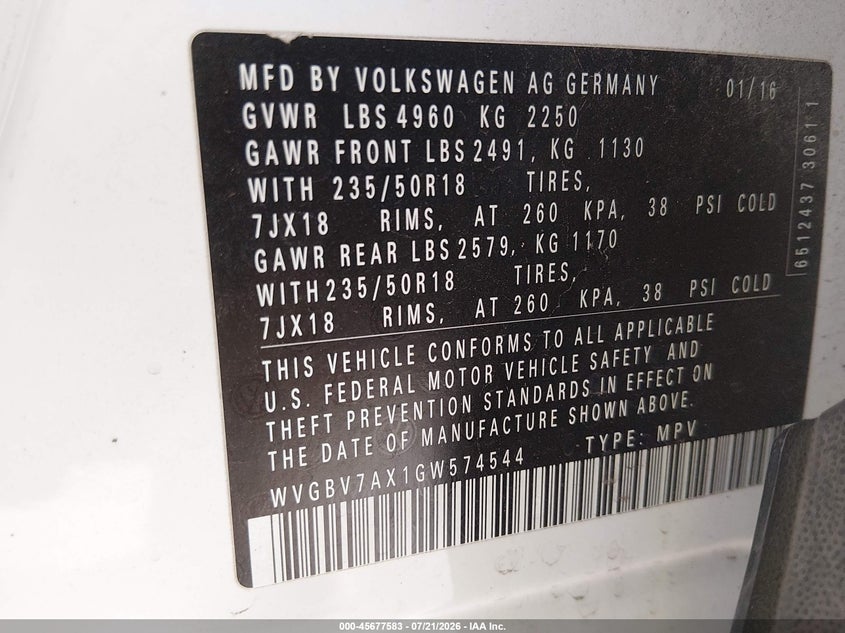 2016 Volkswagen Tiguan Se VIN: WVGBV7AX1GW574544 Lot: 45677583