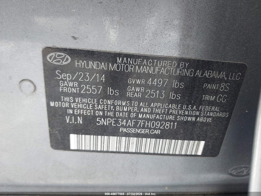 HYUNDAI SONATA 2015 VIN 5NPE34AF7FH092811