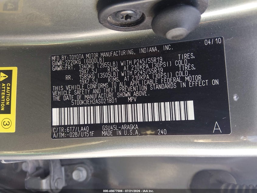 2010 Toyota Highlander Limited V6 VIN: 5TDDK3EH2AS021801 Lot: 45677586