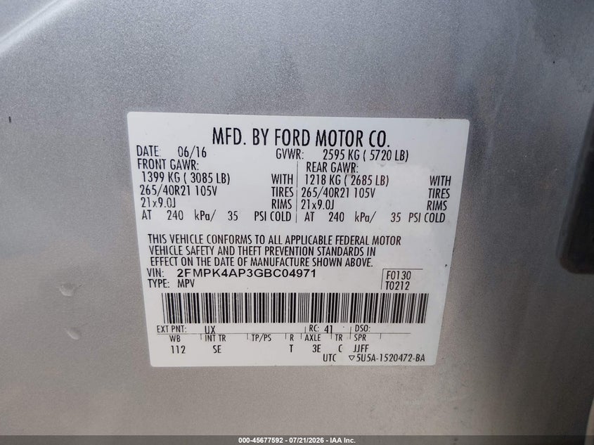 2016 Ford Edge Sport VIN: 2FMPK4AP3GBC04971 Lot: 45677592