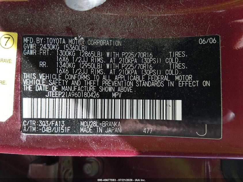 2006 Toyota Highlander V6 VIN: JTEEP21A960180426 Lot: 45677593