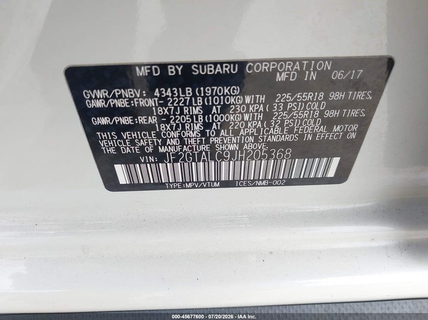 2018 Subaru Crosstrek 2.0I Limited VIN: JF2GTALC9JH205368 Lot: 45677600