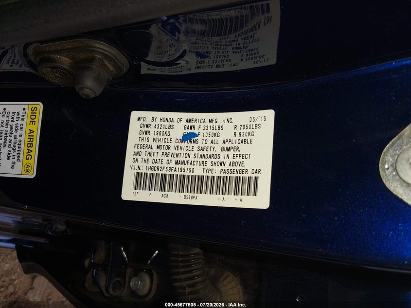 2015 Honda Accord Sport VIN: 1HGCR2F59FA195750 Lot: 45677605
