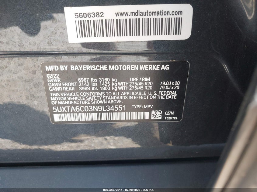 2022 BMW X5 Phev xDrive45E VIN: 5UXTA6C03N9L34551 Lot: 45677611