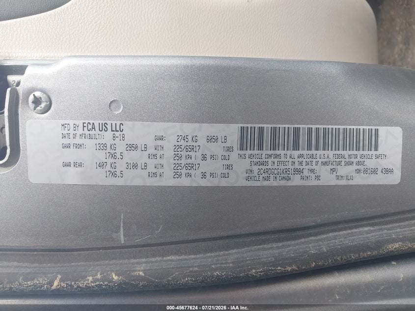 2019 Dodge Grand Caravan Sxt VIN: 2C4RDGCG1KR519984 Lot: 45677624