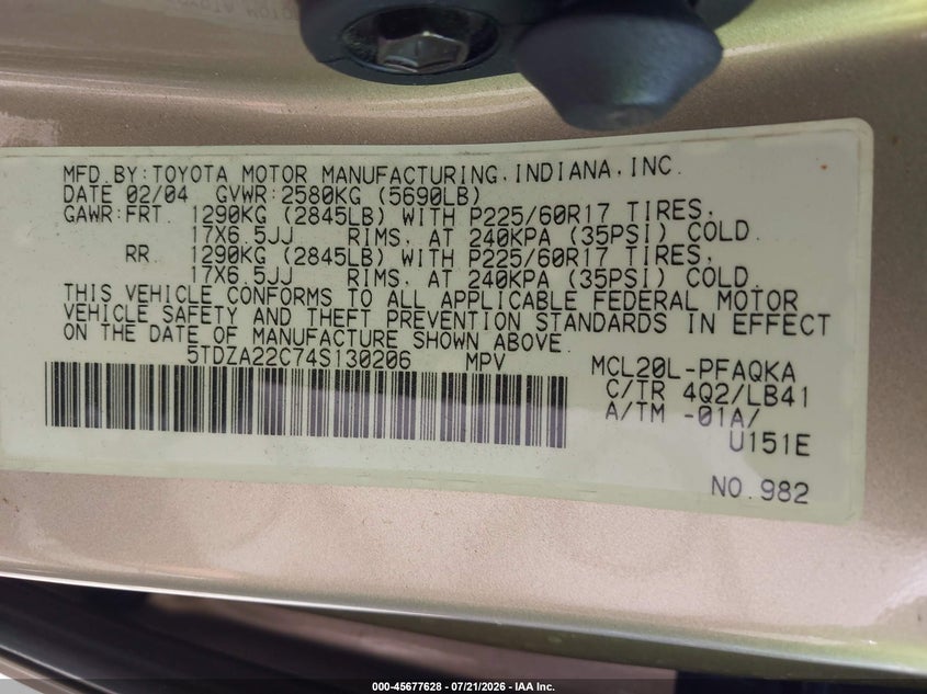 2004 Toyota Sienna Xle VIN: 5TDZA22C74S130206 Lot: 45677628