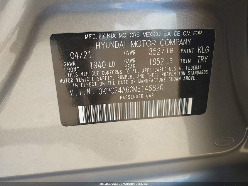 2021 Hyundai Accent Sel VIN: 3KPC24A60ME146820 Lot: 45677640
