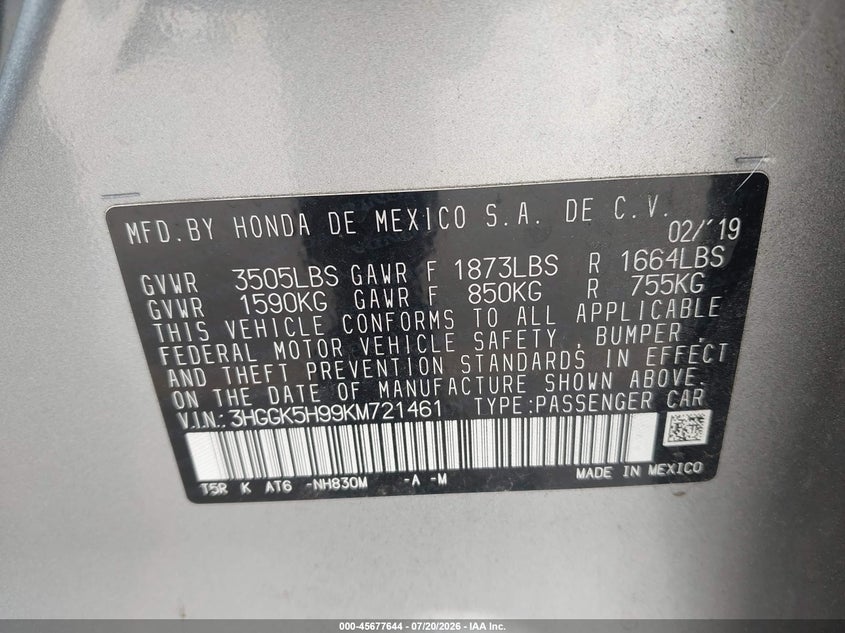2019 Honda Fit Ex-L VIN: 3HGGK5H99KM721461 Lot: 45677644