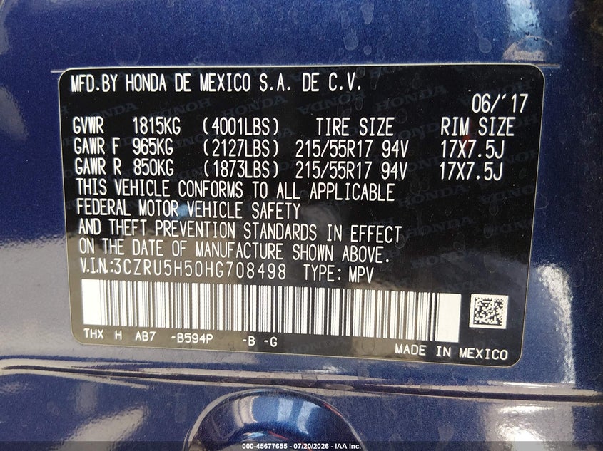 2017 Honda Hr-V Ex VIN: 3CZRU5H50HG708498 Lot: 45677655