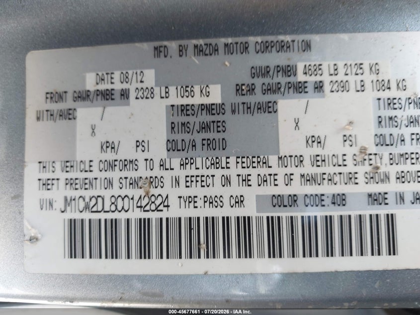2012 Mazda Mazda5 Grand Touring VIN: JM1CW2DL8C0142824 Lot: 45677661