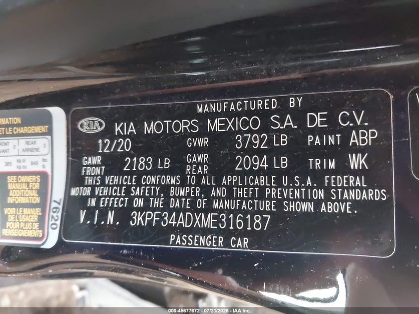2021 Kia Forte Gt-Line VIN: 3KPF34ADXME316187 Lot: 45677672