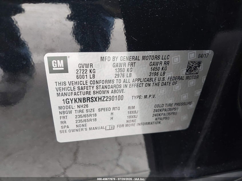 2017 Cadillac Xt5 Luxury VIN: 1GYKNBRSXHZ290100 Lot: 45677675