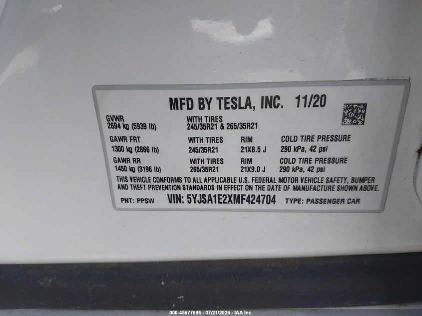 2021 Tesla Model S Long Range Dual Motor All-Wheel Drive/Long Range Plus Dual Motor All-Wheel Drive VIN: 5YJSA1E2XMF424704 Lot: 45677696