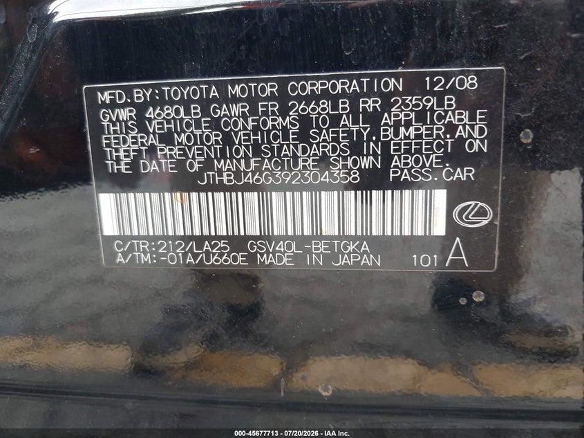 2009 Lexus Es 350 VIN: JTHBJ46G392304358 Lot: 45677713