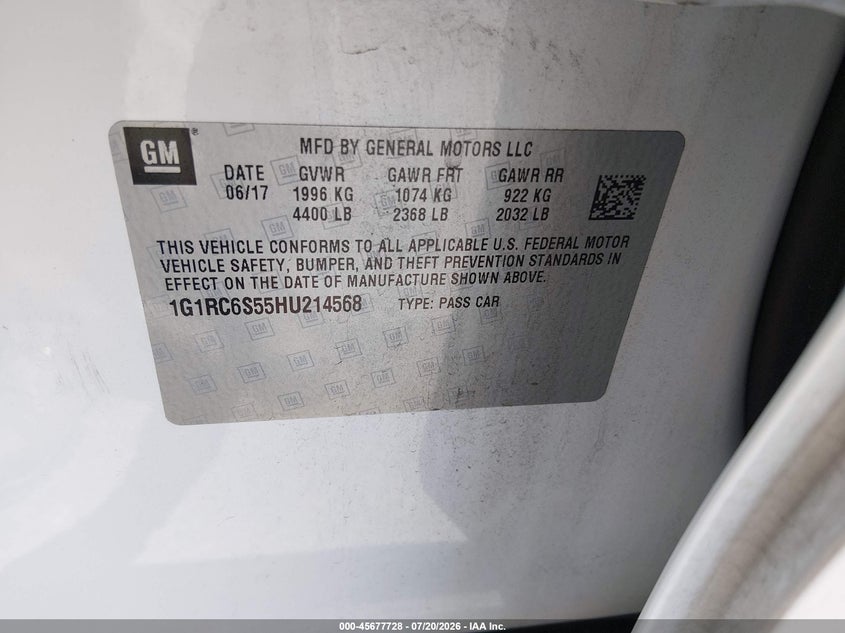 2017 Chevrolet Volt Lt VIN: 1G1RC6S55HU214568 Lot: 45677728