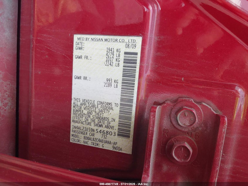 2009 Nissan Altima 2.5 S VIN: 1N4AL21E59N546803 Lot: 45677749