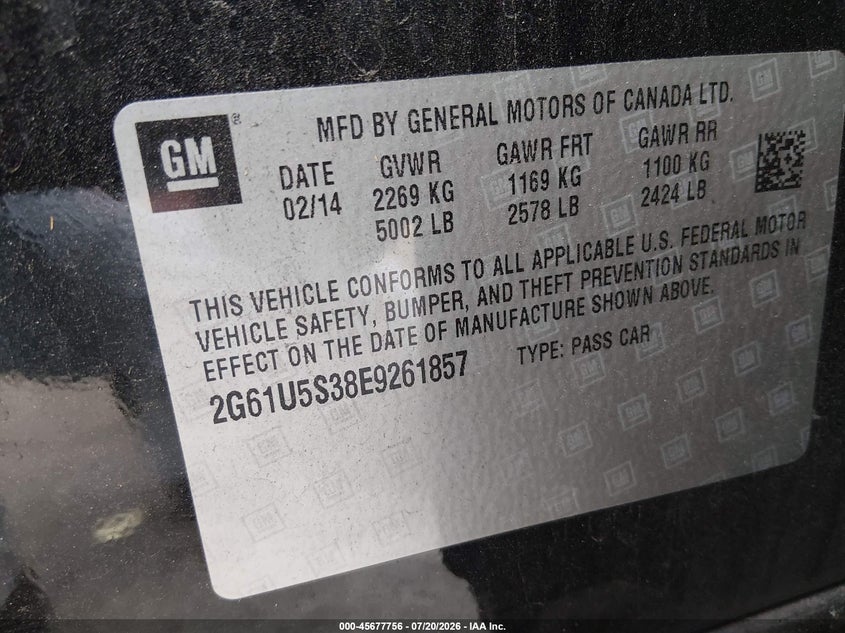 2014 Cadillac Xts W20 Livery Package VIN: 2G61U5S38E9261857 Lot: 45677756